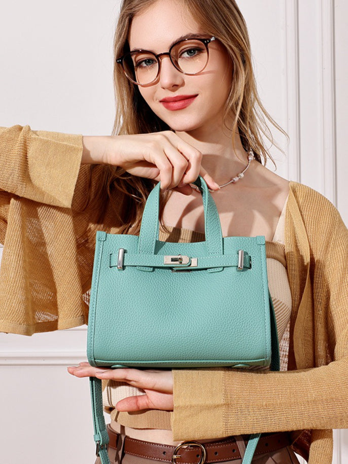 Women's Pebbled Cowhide Kelly Bag with Metal Turn-Lock