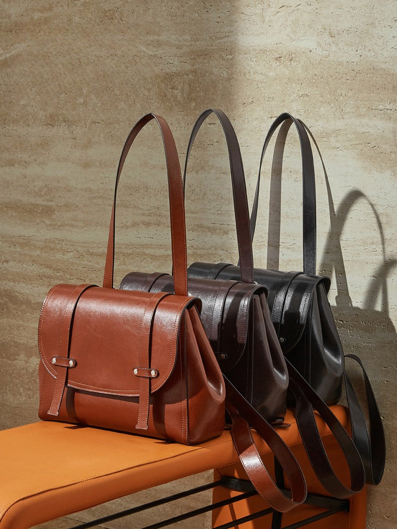 Women's Oil-Waxed Cowhide Convertible Flap Backpack