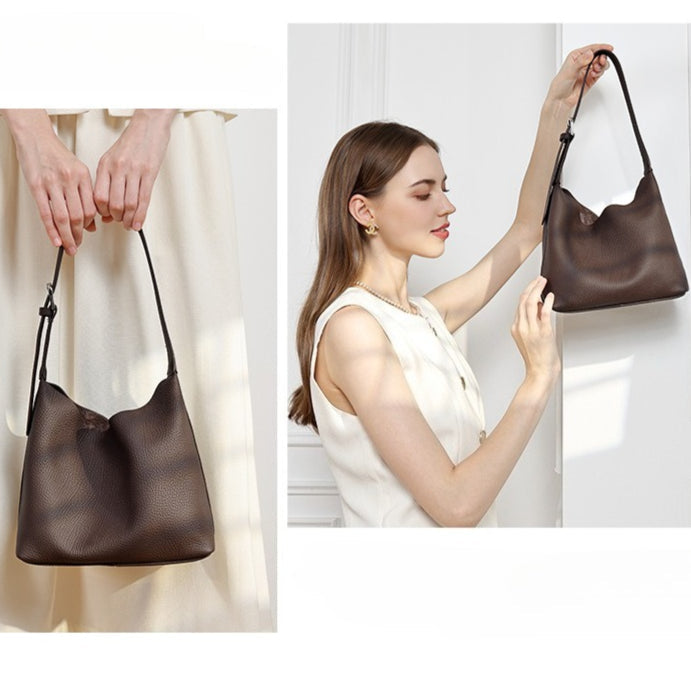 Women's TC Full-Grain Cowhide Hobo Bucket Bag with Adjustable Strap