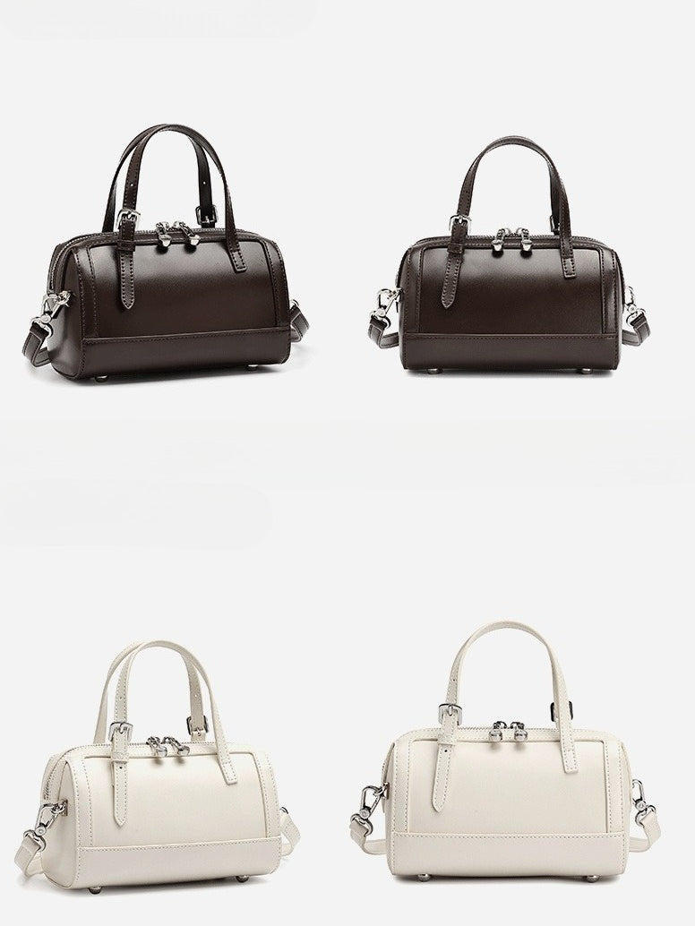 Women's Cowhide Retro Boston Barrel Bag with Adjustable Strap