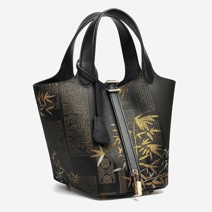Women's Oriental Garden Genuine Leather Bucket Bag with Charm
