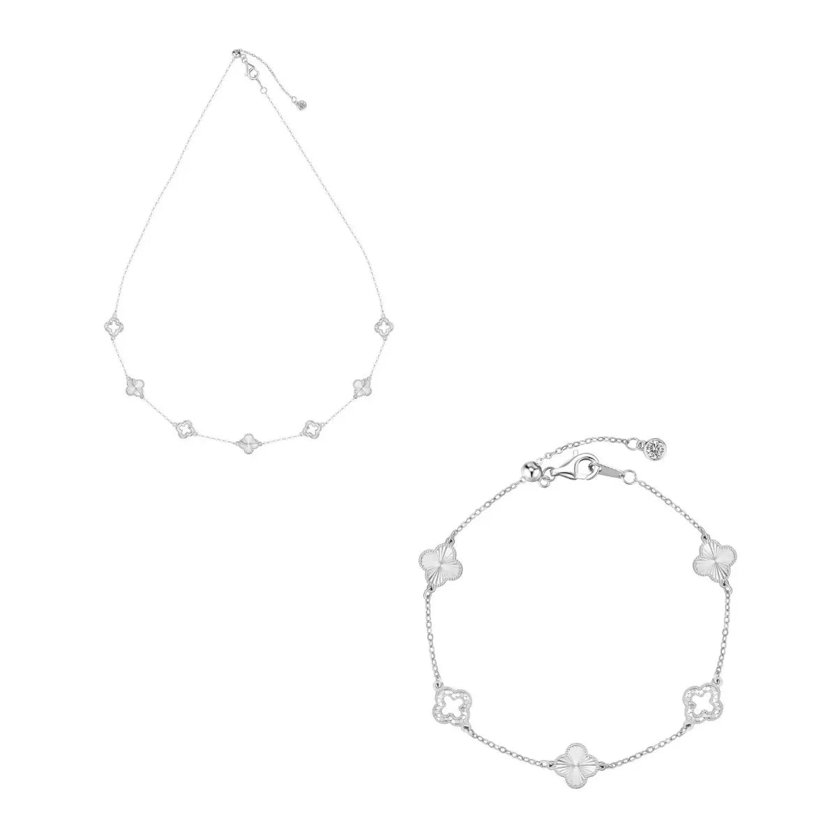 Luster Clover 925 Sterling Silver Necklace and Bracelet Set Laser Cut Clover Jewelry Set